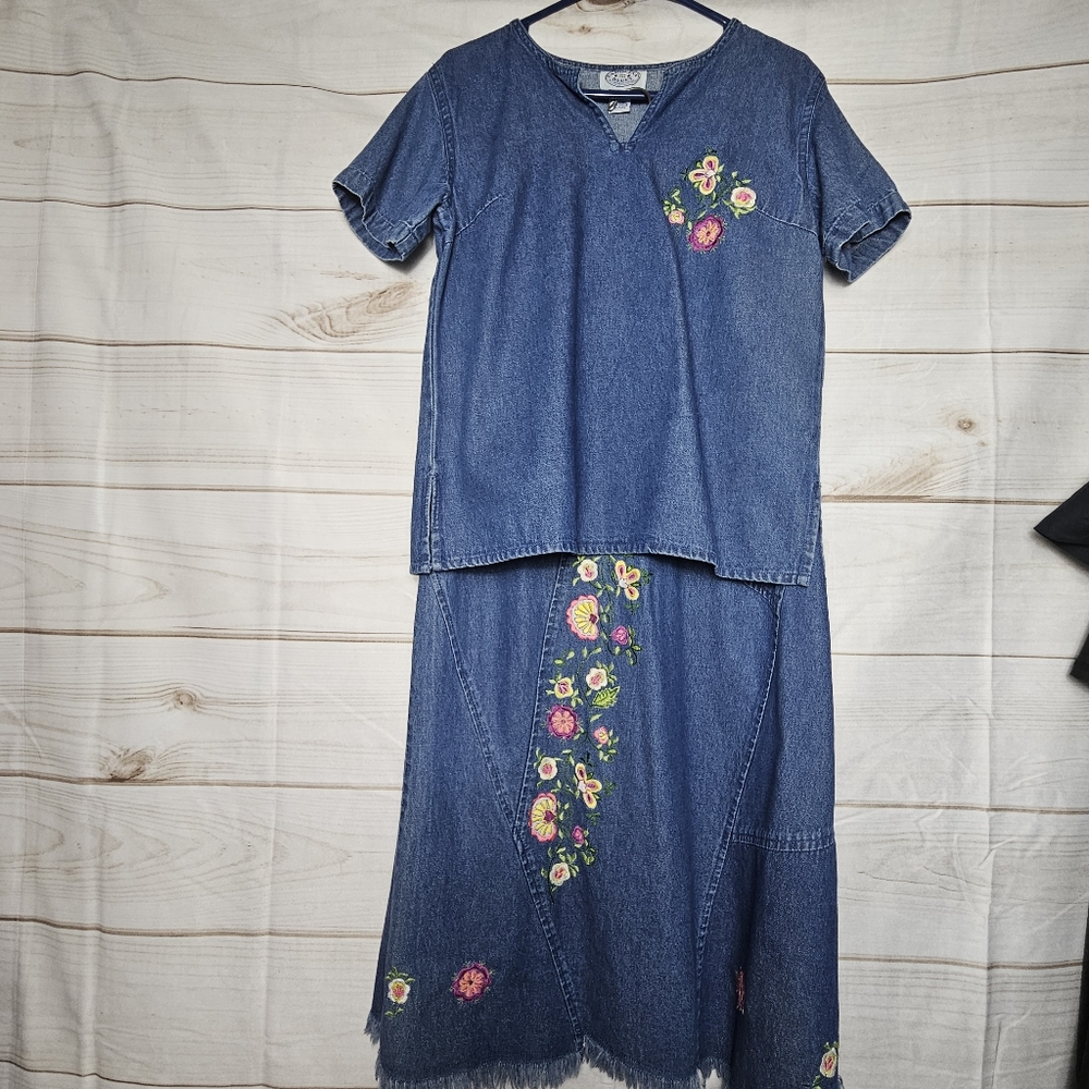 Vintage Carolina Blues Embroidered Jean Skirt Set
